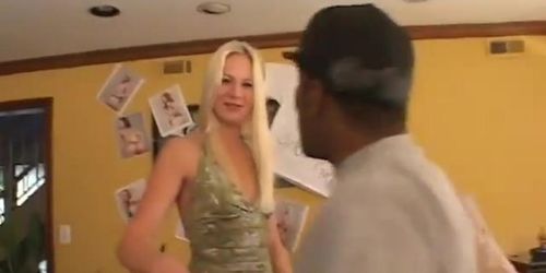 Blonde with tiny boobs blows black guy