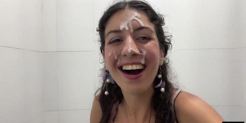 Cum on Face in Public Locker Room and Cumwalk at the Waterfall