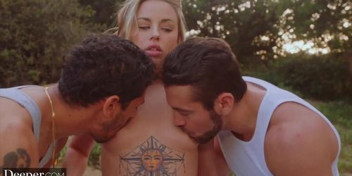 Deeper. Naughty cowgirl Anna Claire devours two rough cocks