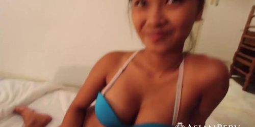 A very sexy Asian girl with huge breasts gets her tight wet pussy drilled