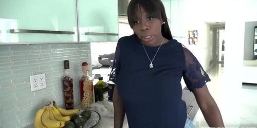 Ebony stepmom Mystique jiggling her huge boobs in front of her stepsons face (Ebony Mystique)