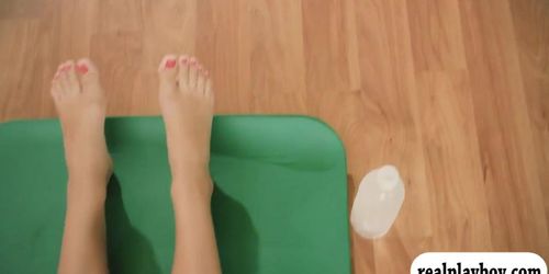 Huge tits blonde trainer teaches some yoga exercise