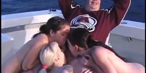 Three girls suck a fat mans cock on a boat