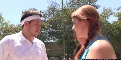 Teen redhead fucks with her tennis instructor outdoors