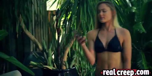 Hot blonde creeped upon by horny dude at poolside