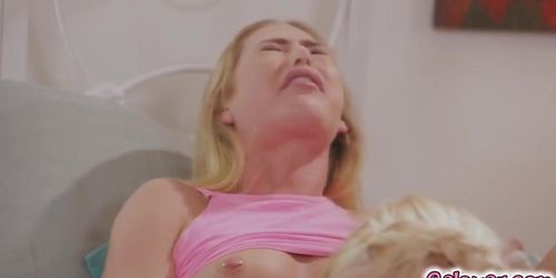 Kenzie kisses Carter's pierced tits and takes off her thong