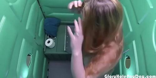 Cum Lover gets paid for sucking cock in a porta potty gloryhole.