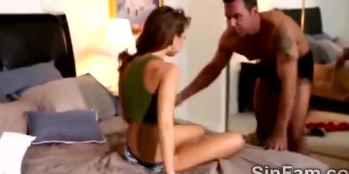 Sweet booty girl sucks her stepdaddy off and gets pumped