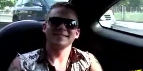 Hot twink with a tattoo jerks in a car while cruising around
