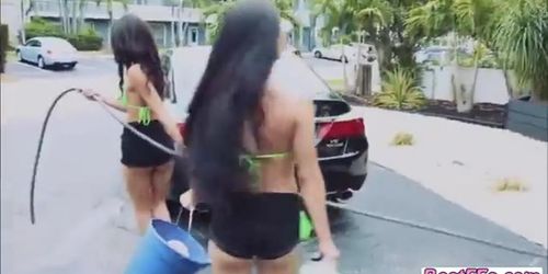 Group Of Lovely Ladies Wash A Car And A Cock In The Garage