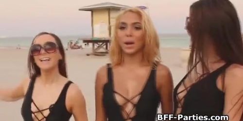 Three bikini babes sharing dick