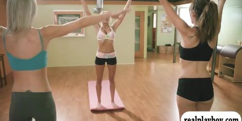 Yoga exercise with busty blonde trainer and brunette girls