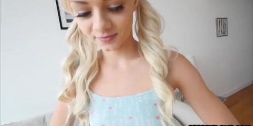 Elsa Jean gets on her knees and takes stepbro dick in her mouth