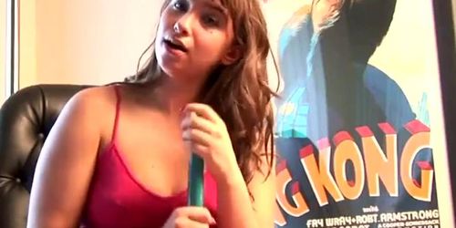 Busty brunette teen puts dildo between tits (Between Them)