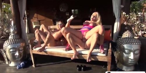 Busty sluts get double penetrated by the pool