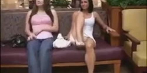 horny girls flashing lucky person on camera, showing off their nice tits in public shopping mall