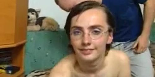 Hot! Short Hair Nerdy Glasses Teen Sloppy Blowjob and Fuck with CIM