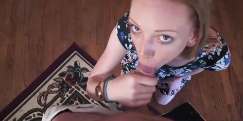Redhead teen babe Katy Kiss sucks dad's cock