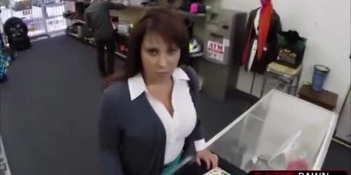 Stunning MILF tries to sell her husbands cards and gets hammered