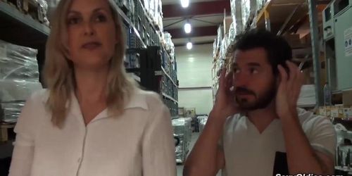 Tall French MILF Melany Paris sucks and fucks in the warehouse she works at