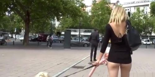 Busty blondes made crawl in public