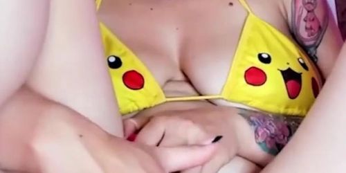 Latina in pokemon lingerie masturbates with a dildo