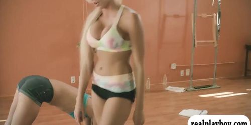 Hot girl doing yoga exercises while they are all naked