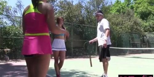 Red haired girl fucked while her BFF watches at tennis court