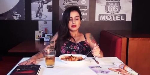 Hot tattooed teen has some really excellent food.