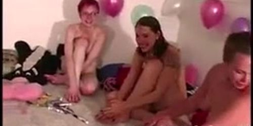 Lesbian amateurs in dare party strapon action