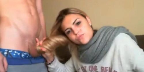 Long-Haired Amateur's Blowjob and Hairy Webcam Handjob