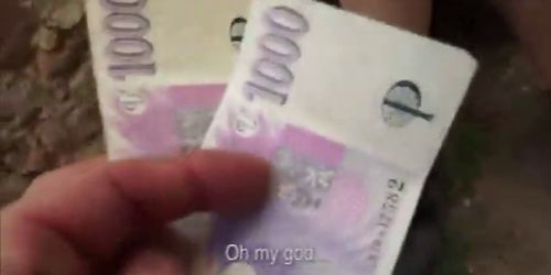 Babe gets her tits out for cash in public