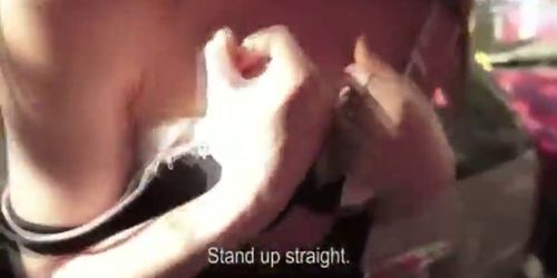 Tight teen shows tits and ass for cash outdoors