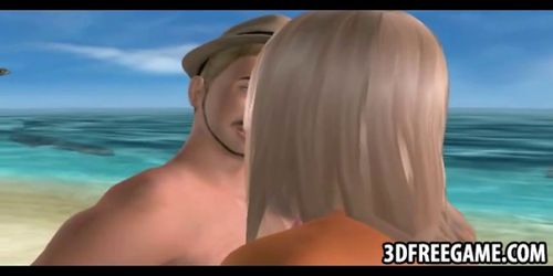 This sexy blonde big tit 3D babe rides a big cock outdoors