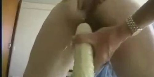 Amateur wife rides huge dildo with both holes