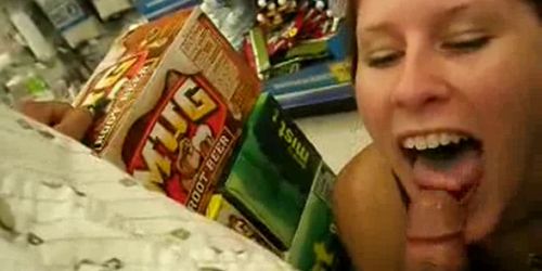 Horny woman sucking the cock in the store