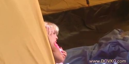 Loly jerking off in the tent