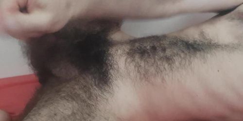 Hairy moaning and jerking with precum until cumshot a load