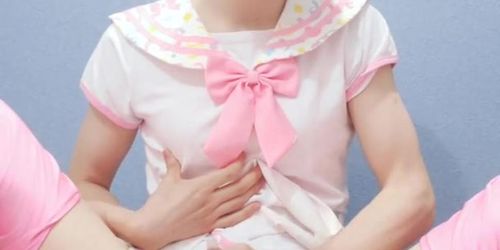 japanese crossdresser in pinky school uniform cosplay cumshot