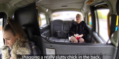 Blonde gives a flash in female fake taxi