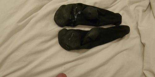 Cum on 47 year old mom in laws size UK7 stinky 7 day worn black socks 