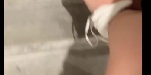 White bitch with fat ass fucks and sucks black cock in college stairwell