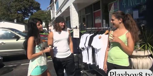 Sexy babes flash their tits for money