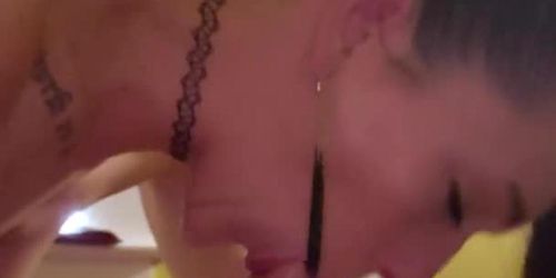 Choking deepthroat slut takes load down her mouth and gags