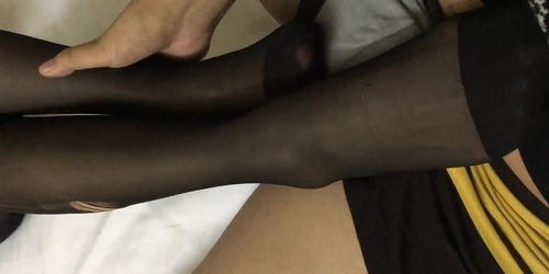 black stocking footjob huge cumshot