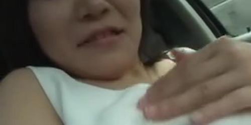 Subtitled pale and curvy Japanese wife masturbation in car