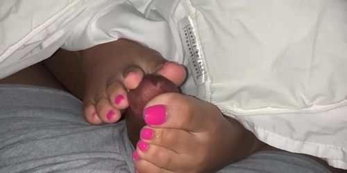 Mixed girl footjob drains my dick