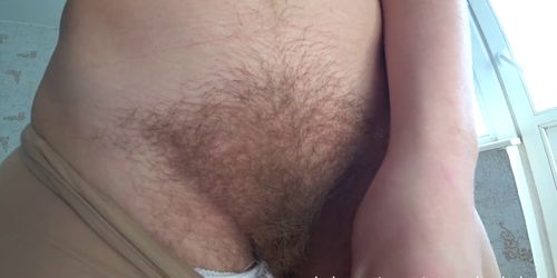 Nylon Tights, White Panties and a very Hairy Pussy of a Young Girl, Closeup