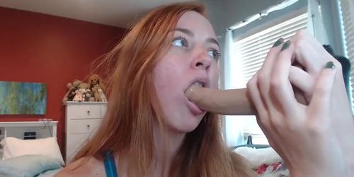 Petite redhead teen footfetish and dildo deep sucking on cam