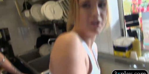 Blond woman shows off ass and rammed in ice cream store